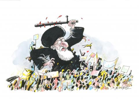 Cartoon showing Iran leader Ali Khamenei as a giant waving a bloody police baton while he is slowly pulled down by a massive wave of protesters.