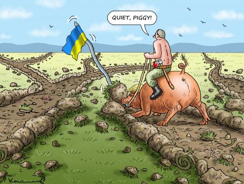 Cartoon showing Putin riding on a pig with the head of Trump. The pig is tearing up the soil with his snout, making long tracks in the land and pushing over a flagpole with the Ukrainian flag, while Putin says 'Quiet, piggy!'