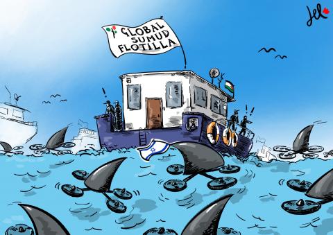 cartoon about israeli drones attack the global sumud flotilla