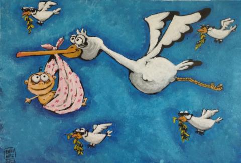 Cartoon of a stork carrying a smiling baby in a pink cloth, escorted by smaller birds holding olive branches like bodyguards