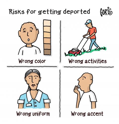 Cartoon with 4 panels. The top text reads ‘Risks for getting deported’. The first panel shows a person next to a color sampling card with different skin tones and the text ‘wrong color’. The second panel shows a person mowing the lawn and the text ‘wrong activities’. The third panel shows a person in a maid’s uniform and the text ‘wrong uniform’. The fourth panel shows a person with a hand to his mouth and the text ‘wrong accent’.