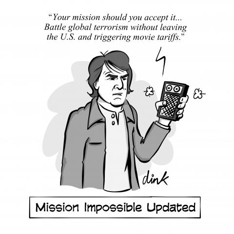 Mission Impossible Updated - Ethan Hunt (Tom Cruise) listens to a recorded message on a handheld tape machine. “Your mission should you accept it... Battle global terrorism without leaving the U.S. and triggering movie tariffs.”