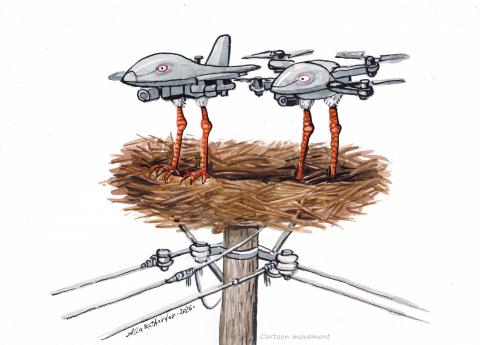 A nest where military drones have taken the place of storks