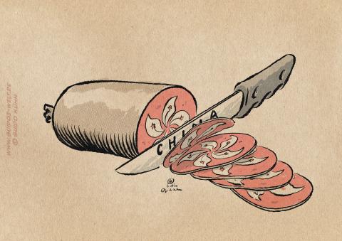 A china branded knife cutting slices from a hong kong saucage