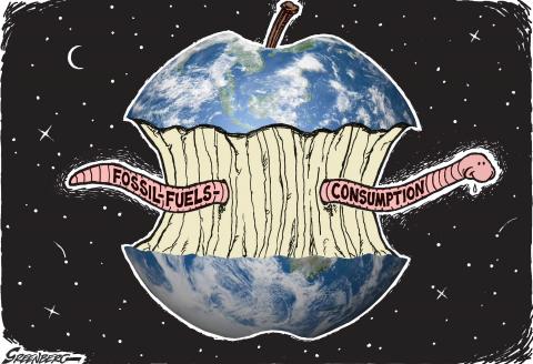 Earth as an apple being ravaged by a fossil-fuel use worm
