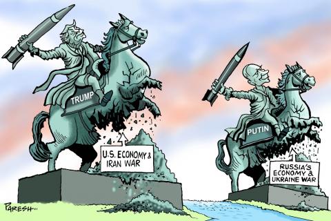 Cartoon showing two statues next to each other: one of Putin riding a horse and holding a missile and one of Trump riding a horse and holding a missile. The statues are crumbling from the bottom up, slowly disintegrating. Labels pointing to the statues read: ‘US economy and Iran war’ and ‘Russia’s economy and Ukraine war’.