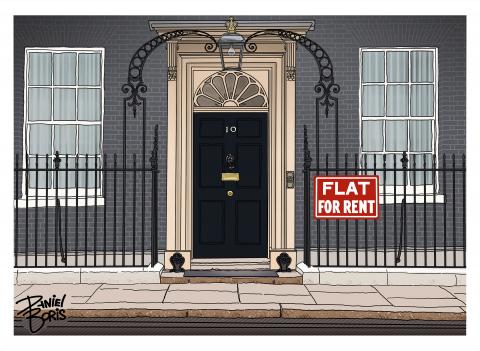 The exterior of 10 Downing Street seen with a red "Flat For Rent" sign attached to the gate. 