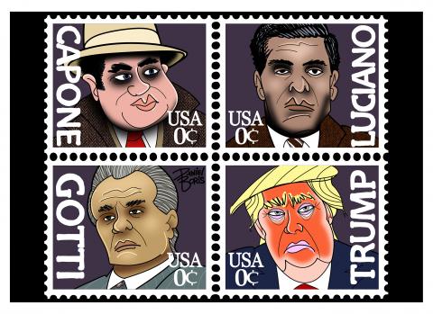 US Postage Designs: Block of Four Images: Al Capone, Jogn Gotti, Lucky Luciano, and Donald Trump.