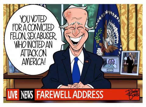 President Biden seen seated at Oval Office desk. big grin on his face. Dialogue: "You boted for a convicted felon, sex abuser, who incited an attack on America!"