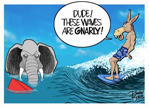 Elephant and Donkey shown in the ocean. Donkey seen surfing a big wave, while the elephant is in calm water looking at the donkey in digust. Donkey: "Dude! These waves are Gnarly!"
