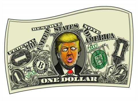 An abstract image of a U.S. dollar bill is shown, with all of the design elements collapsed and piled at the bottom of the space. Donald Trump shown in the center instead of the portrait of Gorge Washington. Trump's face is wide eyed with mouth agape.