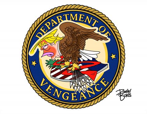 U.S. Department of Justice logo: Trump's head seen replacing the head of the Bald Eagle. "Department of Vengeance."