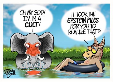 An elephant with orange stain on his face is seen in a pond, waste deep in the water. a Donkey is seen floating in an inner tube to the right of him. The elephant has wide eyes as he looks down at his hands and his reflection. Elephant: "Oh my God! I'm in a CULT!" Donkey: "It took the Epstein Files for you to realize that?!"
