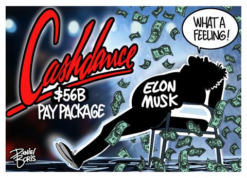 Elon Musk leaning back in chair from iconic Flashdance movie, money rains down upon him. "Cashdance" movie title seen on left. "$56B Pay package" label below the movie title. Elon word balloon reads, "What a Feeling!"