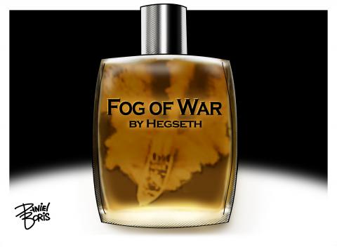 Bottle of men's cologne shown. A Venezuelan speed boat seen in the liquid. "Fog of War" "By Hegseth"