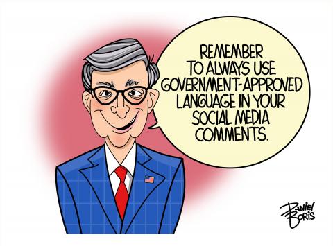 Mike Johnson seen smiling at the viewer. Dressed in a suit with an American pin on his lapel. "Remember to alwasy use government-approved language in your social media comments."