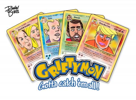 Pardody of Pokemon cards. These are called, "Griftymon" cards. Four cards shown, with the faces of Donald Trump, Don Jr., Eric, Jared Cushner, and Ivanka.