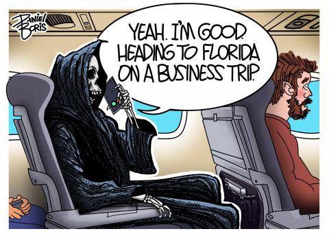 Grim Reaper seen sitting in the seat on a passenger jet, taking on his cell phone. "Yeah. I'm good. Heading to Florida on a business trip."