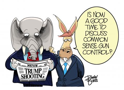 An Elephant and Donkey are seen, both dressed in suits and representing American Republican and Democratic political parties. Both are lookign down at a newspaper the elephant is holding. The newspaper headline reads: "Trump Shooting." The donkey has his hand on the elephant's shoulder and says, "Is now a good time to discuss common sense gun control?"
