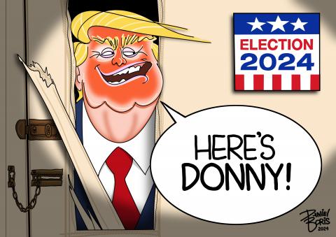 Trump seen peering into a locked door reminiscent of scene from the movie The Shining. He is looking at a sign on the wall that reads, "Election 2024". Trump dialogue: "Here's Donny!"