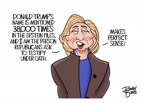 Hillary Clinton is shown looking at the viewer. "Donald Trump's name is mentioned 38,000 times in the Epstein files, and I am the person Republicans ask to testify under oath. Makes perfect sense!"