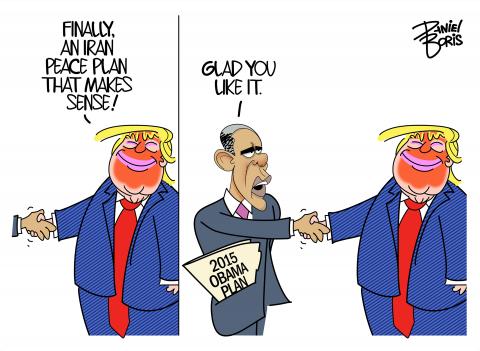 Two Panel Cartoon. Panel One: Trump seen smiling as he shakes the hand of somebody off screen. "Finally, a peace plan that makes sense!" Panel Two: We see that Trump is shaking hands with former President Obama, who has a document in his pocket labeled, "2015 Obama Plan." Obama: Glad you like it."
