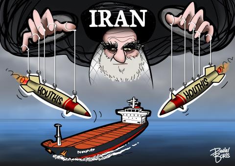 Image of bearded man dressed in Turbin and robes seen in sky above a cargo tanker ship, looking down at the ship. The figure is labeled "Iran." The figure's hands are seen to the side, a string ties to each finger. Suspended below the strings is seen two missiles labeled "Houthis" aimed at the cargo tanker ship.
