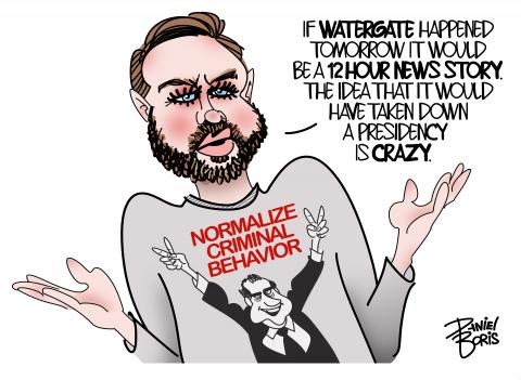 U.S. Vice president JD Vance shown wearing a sweat shirt that shows former president Richard Nixon with hands raised, giving his famous peace fingers salute. The sweat shirt reads, "Normalize Criminal Behavior." JDVance: "If Watergate happened tomorrow it would be a 12 hour story. The idea that it would have taken down a presidency is crazy."