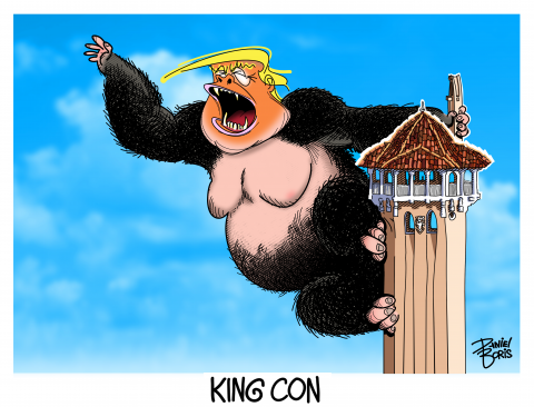 Donald Trump seen as King Kong, hanging off of a mar-A-Lago Tower.