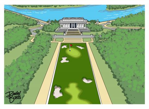 The Lincoln Memorial reflecting pool shown as a green golf course.