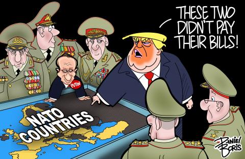 Putin and his generals surround a large map table. The may is labelled "NATO Countires." Donald Trump also seen in the middle of the group pointing at the map. Trump dialogue: "Those two didn't pay their bills!" Putin and manyh of his generals are looking at Trump and smiling.