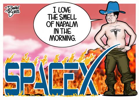 Elon musk seen shirtless, hands on hips, wearing a floppy rimmed hat, chest hair trimmed in the shape of the Tesla logo. Fire seen behind him and next to him is the SpaceX logo ablaze. "I love the smell of napalm in the morning."