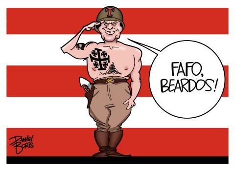 A shirtless U.S. Department of Defense (War) Secretary Pete Hegseth seen standing in the iconic pose from the movie Patton, wearing a combat helmet. "FAFO Beardos!"
