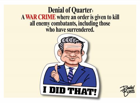 A sticker of Defense Secretary Pete Hegseth with the words, "I Did That!" shown on it. The image of Hegseth is pointing up. This sticker is shown below the following text: "Denial of Quarter: "A WAR CRIME where an order is given to kill all enemy combatants, including those who have surrendered."