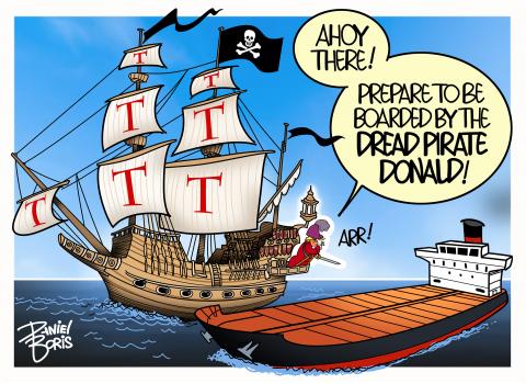 Pirate ship at sea seen next to an oil tanker. Donald Trump dressed as Captain Hook seen yelling at the tanker ship: "Ahoy there! Prepare to be boarded by the Dread Pirate Donald!" Arr!"