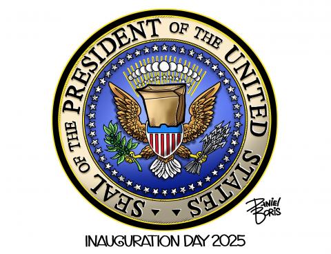 The U.S. Presidential Seal shown with a brown paper bag over the head of the eagle. Caption: "Inauguration Day 2025."