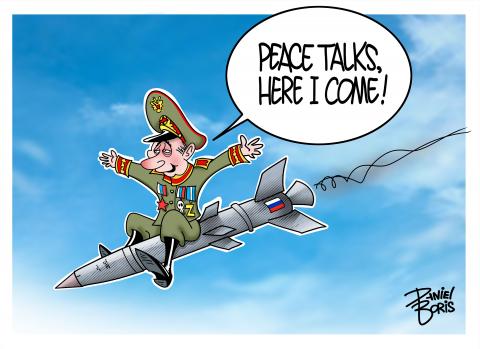 Putin seen riding a falling missle in the middle of the sky, arms raised with smirk on his face. "Peace Talks, Here I Come!"