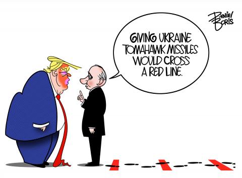 Trump shown facing Putin. Putin has a raised finger at Trump's face. Behind Putin are several red lines and footprints crossing over them that least to Putin. Putin: "Giving Ukraine Tomahawk Missiles Would Cross a Red Line."