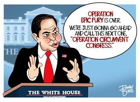 U.S. Secretary of State Marco Rubio seen speaking at the White House press room. "Operation Epic Fury is over. We're just gonna go ahead and call this next one, 'Operation Circumvent Congress.' "