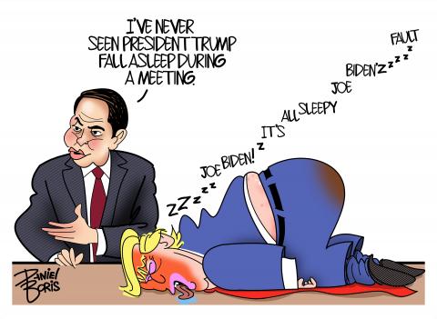 U.S. Secretary of State Marco Rubio seen seated at a table, looking to the left as he speaks. Next to him is Donald Trump crumpled up and asleep on the table top. Rubio: "I've never seen President Trump fall asleep during a meeting." Trump mumbles in his sleep: "Zzz...Joe biden! z It's all sleepy Joe Biden'zzzz fault."