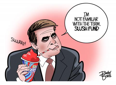 Actinge Attorney General Todd Blanche picture sipping on a frozen pink ice drink (a "Slurpee") as he stares off into space. "I'm not familiar with the term Slush Fund."