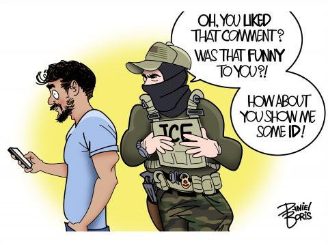 Man with dark skin and facial hair seen holding a cell phone. His expression is wide-eyed as a masked ICE officer looks over his shoulder. "Oh, you liked that comment? Was that funny to you?! How about you show me some ID!"