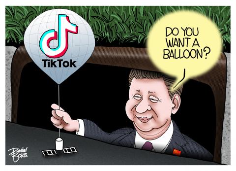 Chinese leader Xi Jinping shown in a sewer, with an extended hand that holds a spy balloon with the TikTok logo on it. Dialogue from Xi: "Do you want a balloon?"