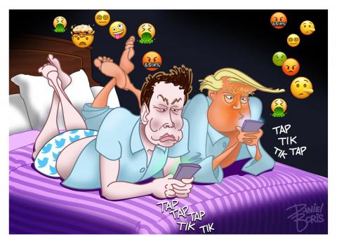 Musk and Trump seen on a bed next to each other, wearing pajamas, texting on their cell phones. Crazy, Liying, hateful emojis seen streaming from their messages. .