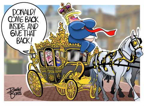 Donald Trump seen sitting atop the British Royal Carriage, wearing the royal crown and a smile on his face. Inside the coach is King Charles looking up at Trump. King Charles: Donald! Come back inside. And give that back!