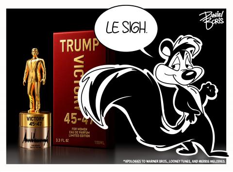 Trump cologne seen at left. Classic cartoon character Pepe Le Pew seen at right looking longingly over his shoulder at the bottle. "Le Sigh."
