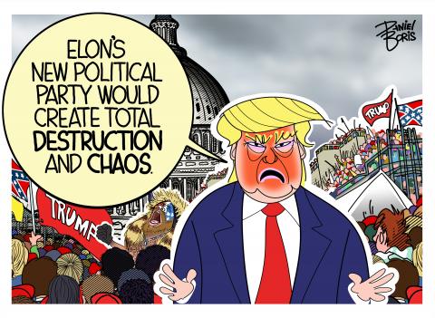 Trump seen in the foreground of the Jan 6 destruction and chaos in Washington D.C. Trump: "Elon's new political party would create total destruction and chaos."
