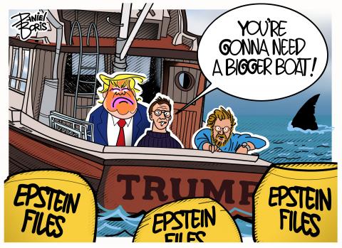 Parody on an iconic scene from the movie "Jaws." Showing Trump on deck with two crew members, staring at three large, yellow barrels labeled "Epstein Files." Crew Member:  "You're gonna need a bigger boat!"