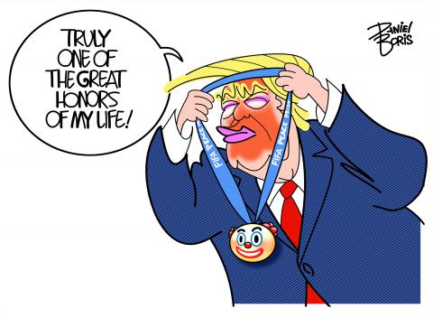 Trump placeing a FIFA  award around his own neck, with a clown head dangling at the end of it. "Truly one of the great honors of my life!"