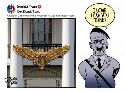 Trump Truth Social post showing a golden eagle attached to pillars of the White House. Adolph H. seen at right: "I love how you think!"
